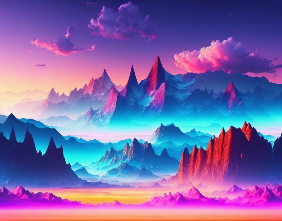 Neon-colored digital artwork of surreal mountain landscape