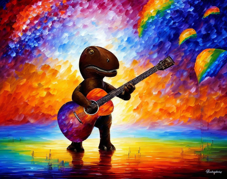 Whimsical dinosaur playing guitar on vibrant rainbow background