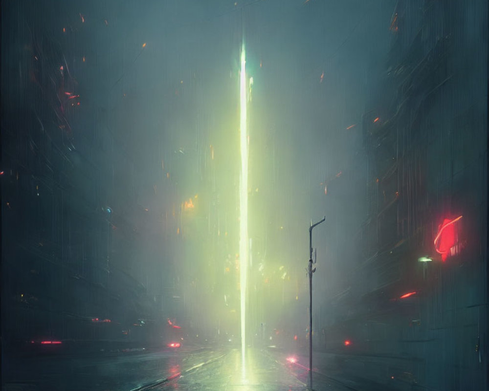 Figure on rain-soaked street gazes at illuminated skyscraper in futuristic cityscape