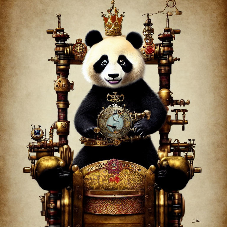 Regal panda with crown on steampunk throne with clock scepter