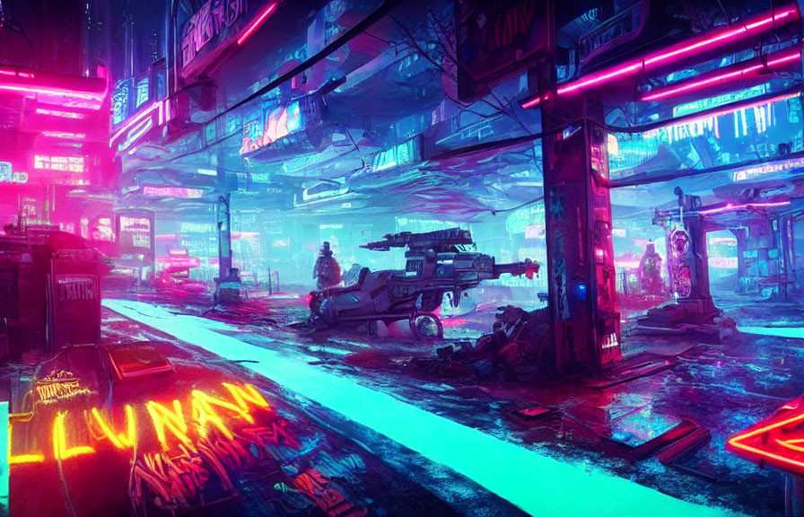 Futuristic cyberpunk cityscape with neon lights & bustling street