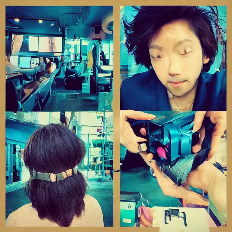 Four-image Collage: Salon Interior, Stylish Hairdo, Hair Dye Close-Up, Person