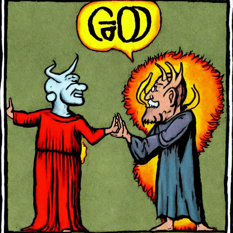 Caricatured figures with horns and fiery halo conversing with speech bubble "GOD