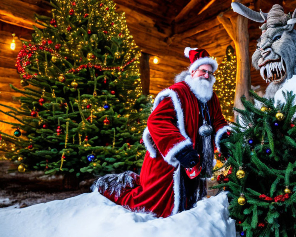 Santa Claus kneeling beside Christmas tree with Krampus-like creature in snowy cabin scene