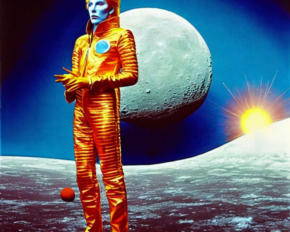Person in Vibrant Orange Spacesuit on Lunar Surface with Earth Background