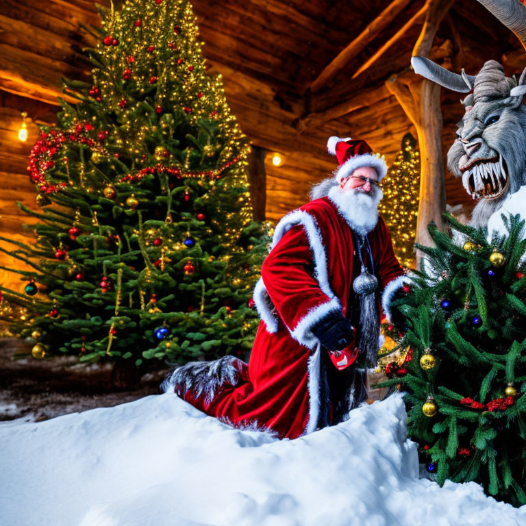 Santa Claus kneeling beside Christmas tree with Krampus-like creature in snowy cabin scene
