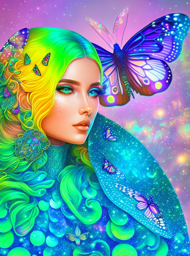 Colorful Woman with Neon Hair and Butterflies on Iridescent Background