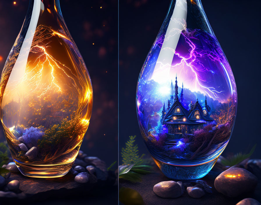 Fantasy-themed terrariums: fiery landscape with lightning and mystical blue village with electricity
