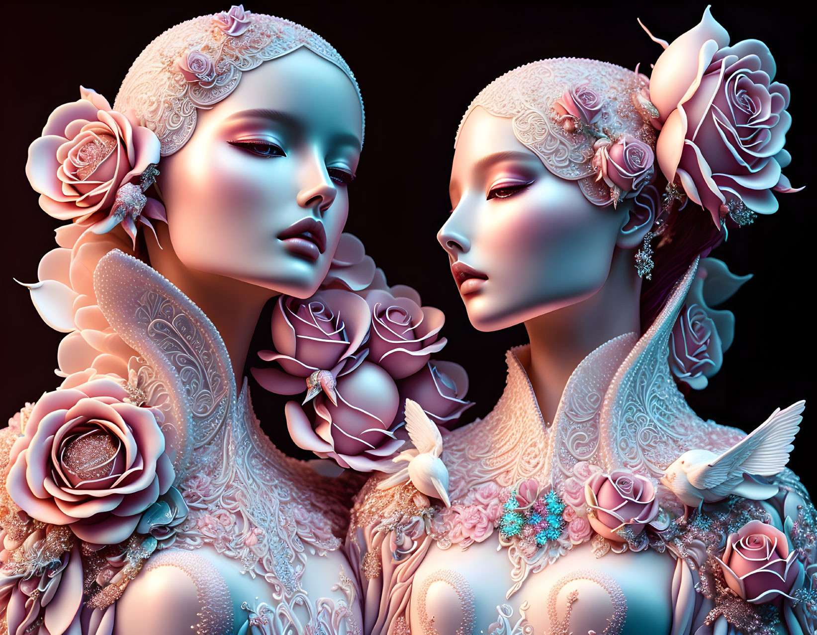 Ornate stylized female figures with floral designs and pastel bird on dark background