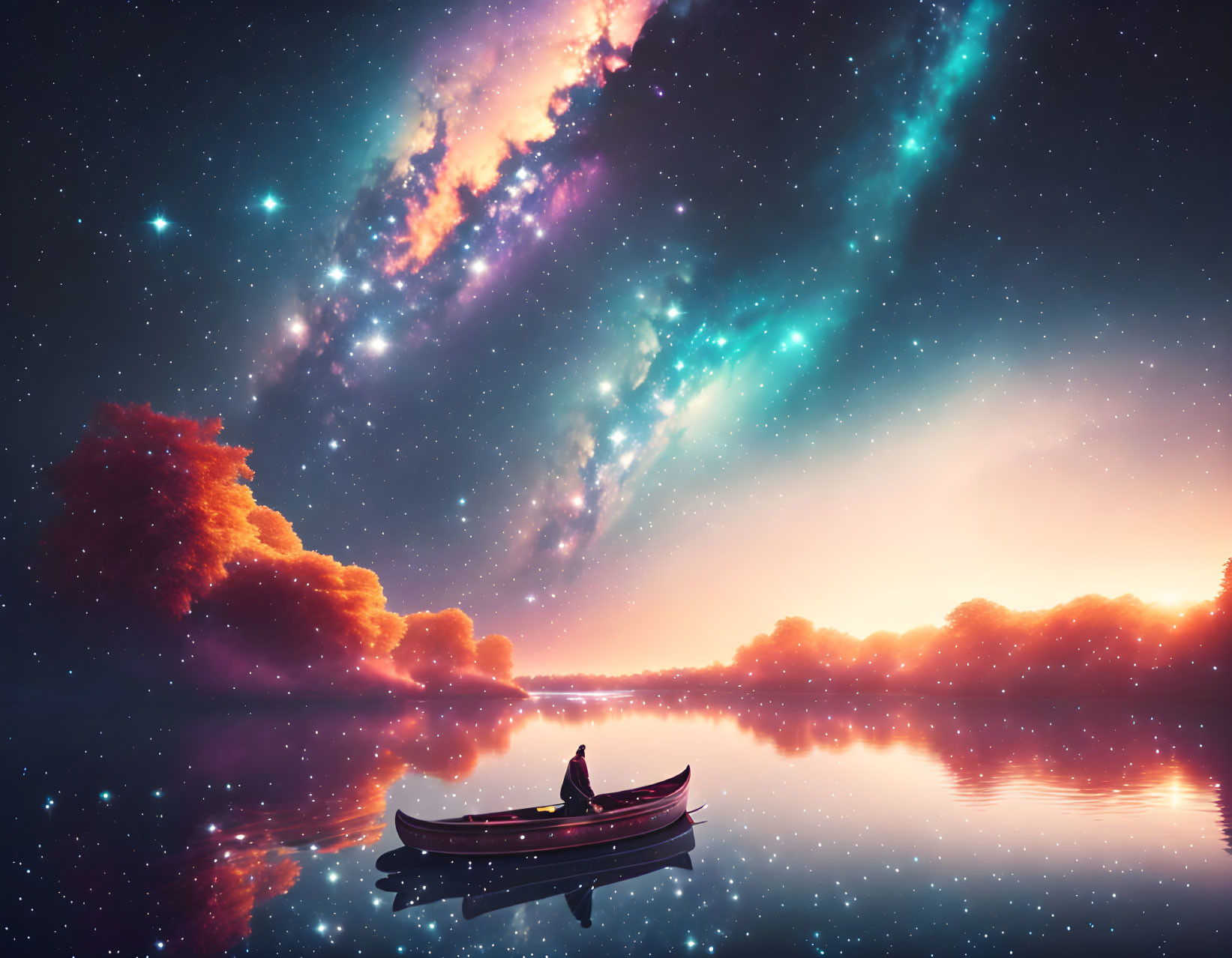 Person in boat on mirror-like lake under colorful starry sky