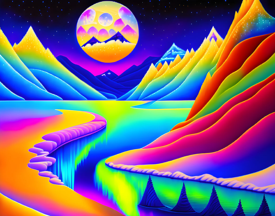 Colorful Psychedelic Landscape with Mountains, Pathway, Waterfalls, Trees, and Moon