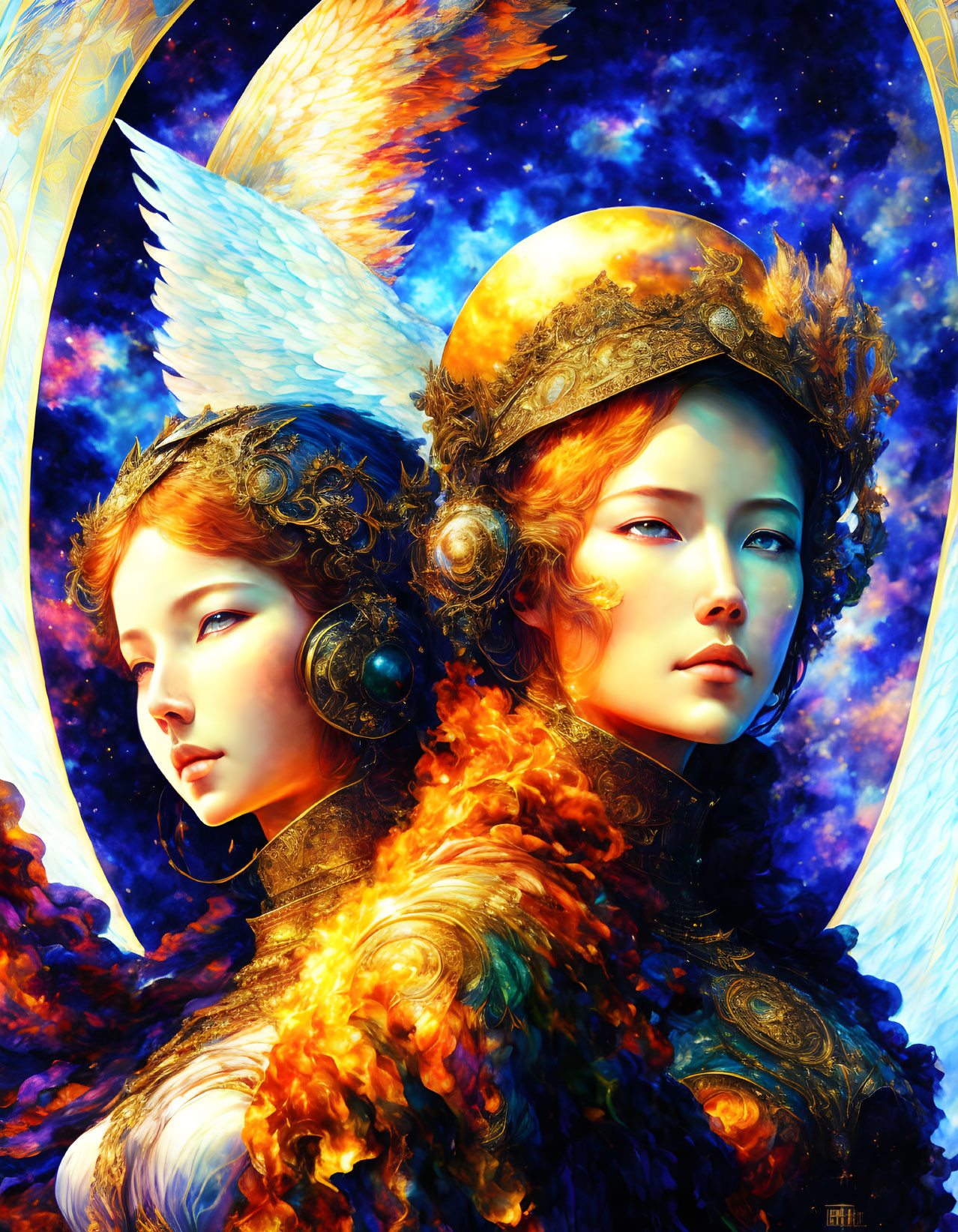 Ethereal digital art featuring two figures with angelic wings and ornate golden headdresses.