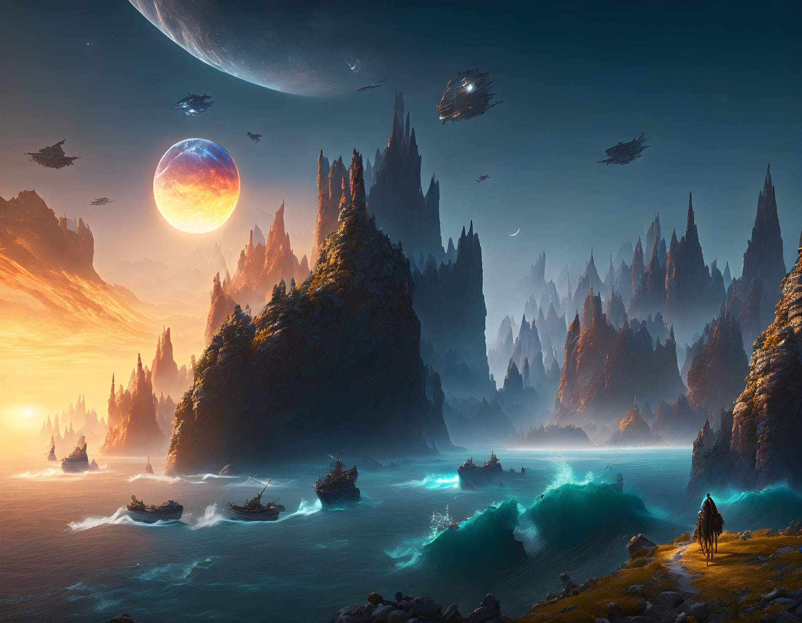 Majestic fantasy landscape with spires, ocean view, ships, and twin moons