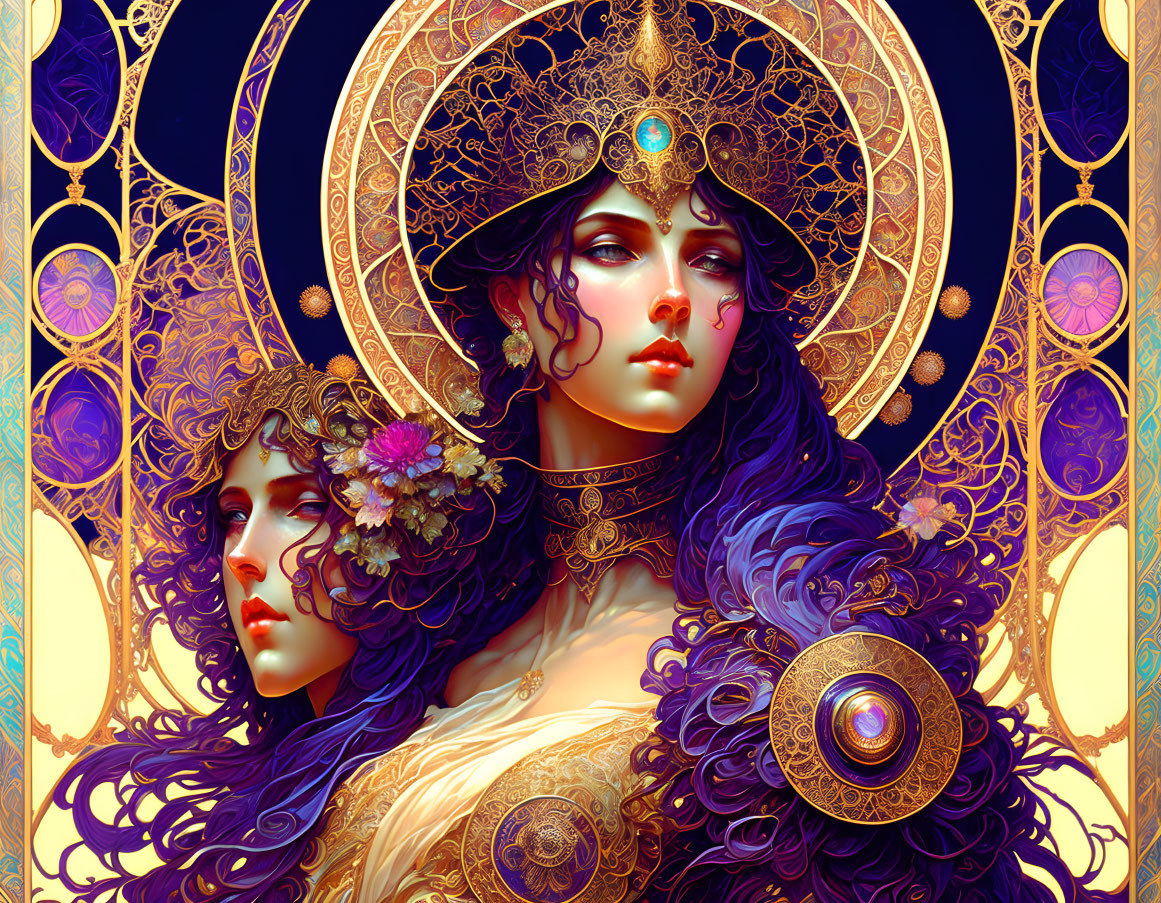 Detailed Art Nouveau-inspired illustration of two women in golden crowns and jewelry.