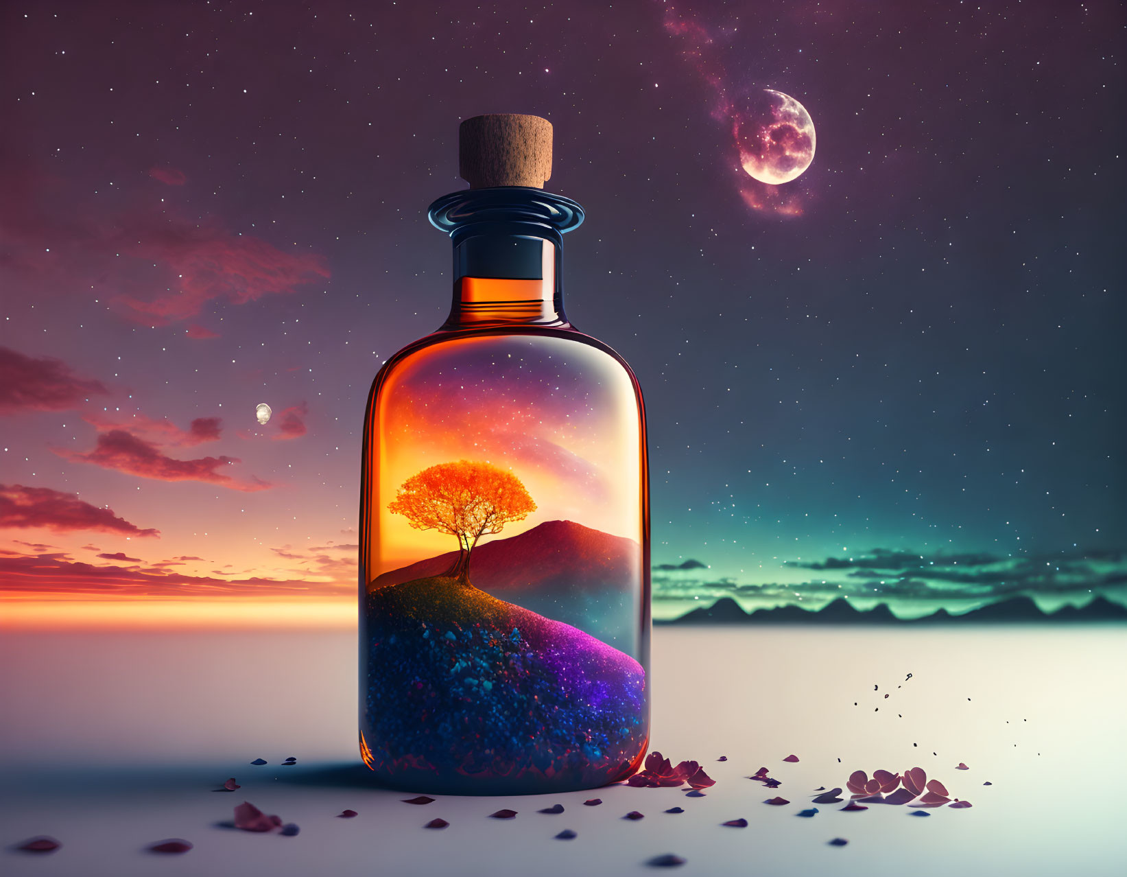 Glass Bottle with Cork: Vibrant Landscape, Tree, Starry Sky