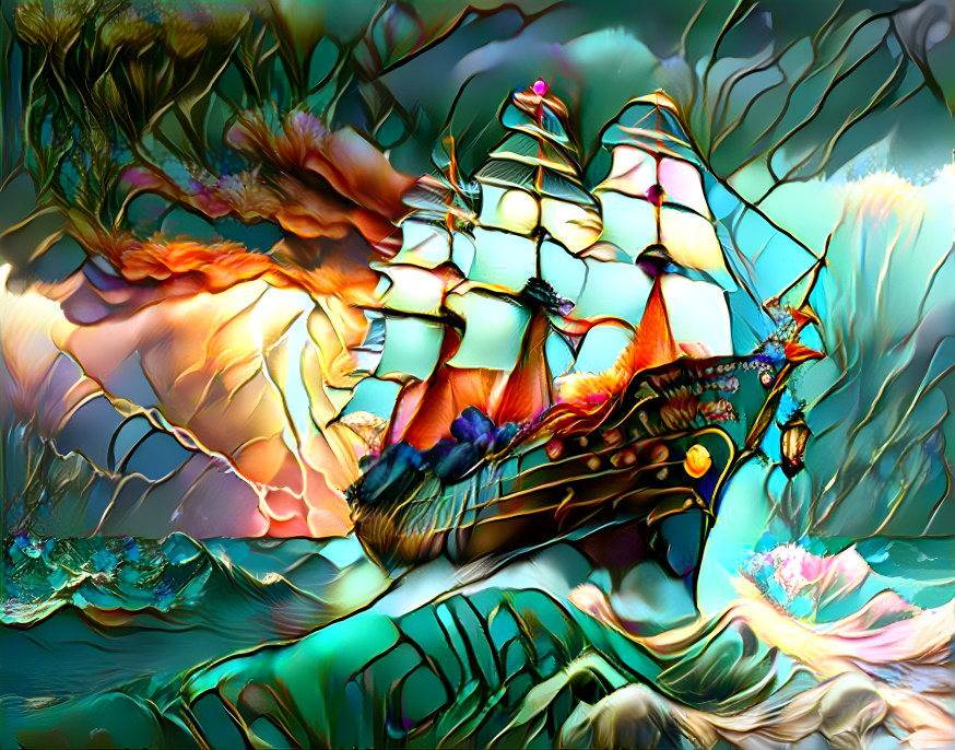 Stainglass ship on the sea