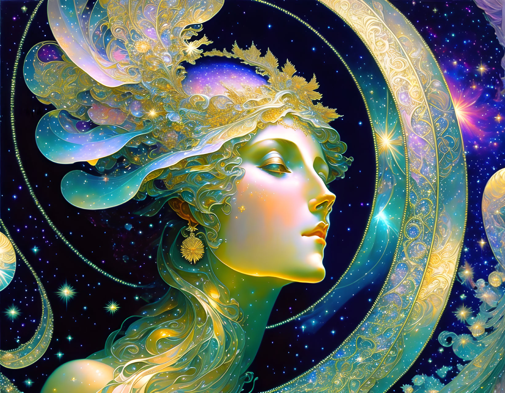 Fantasy illustration: Woman with gold headpiece against cosmic backdrop