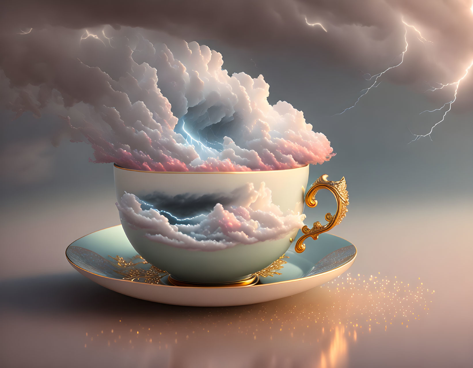 Surreal teacup with stormy cloud formation and golden handle on dramatic sky background