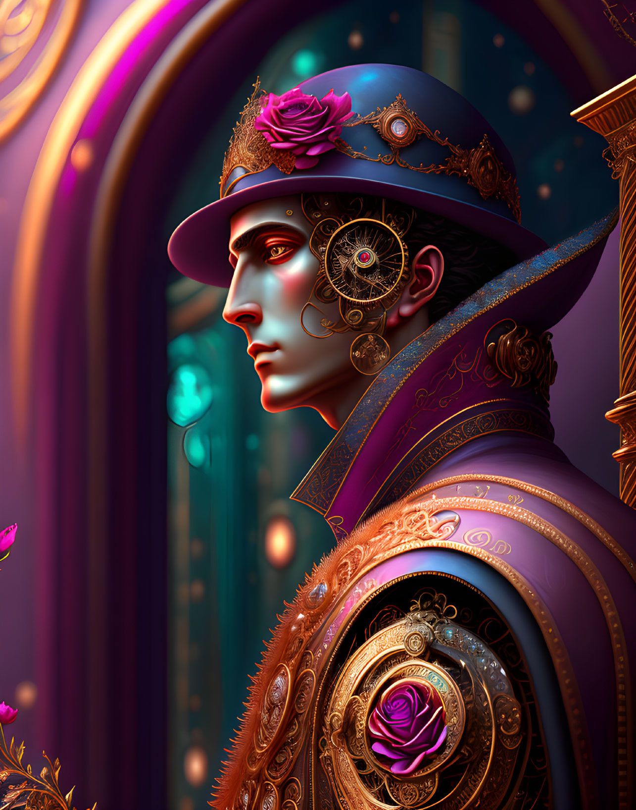 Stylized portrait of person with mechanical eye and ornate clothing