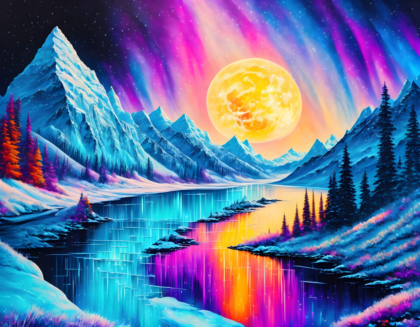 Fantasy landscape with neon colors: full moon, northern lights, reflective lake, snowy mountains, digital