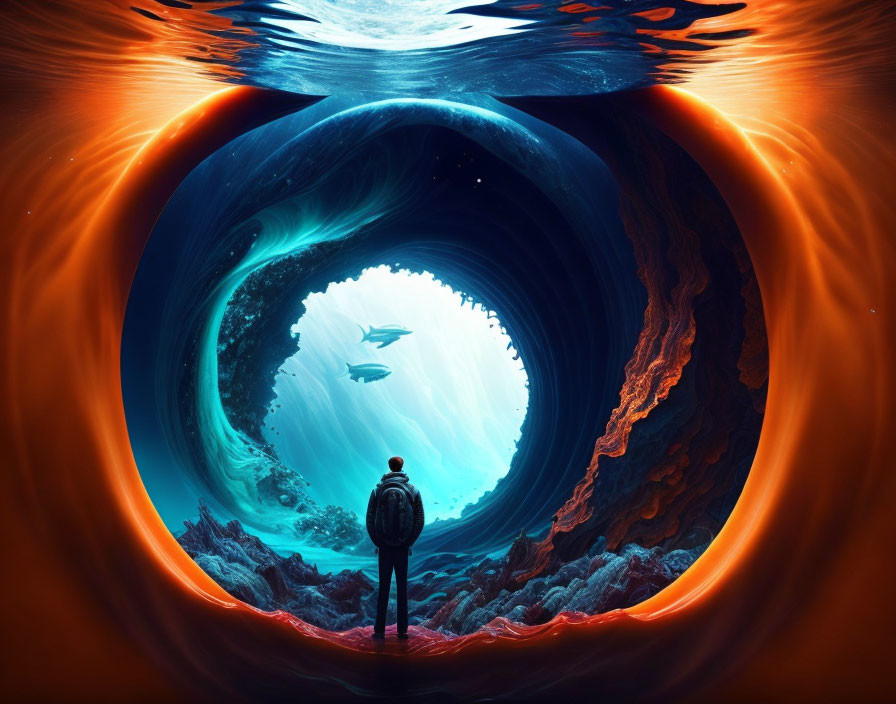 Person gazes into fiery portal revealing underwater world with whales and icebergs
