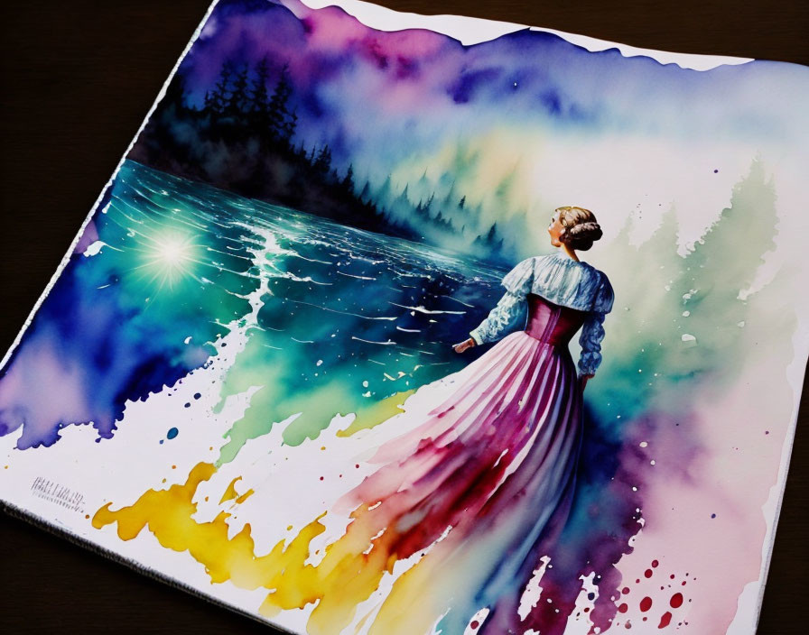 Colorful Watercolor Painting of Woman by Luminous Water and Aurora Skies