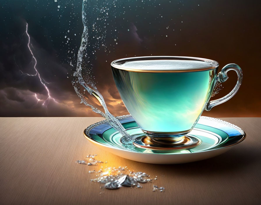 Surreal glowing blue cup and saucer with liquid splash on stormy sky background