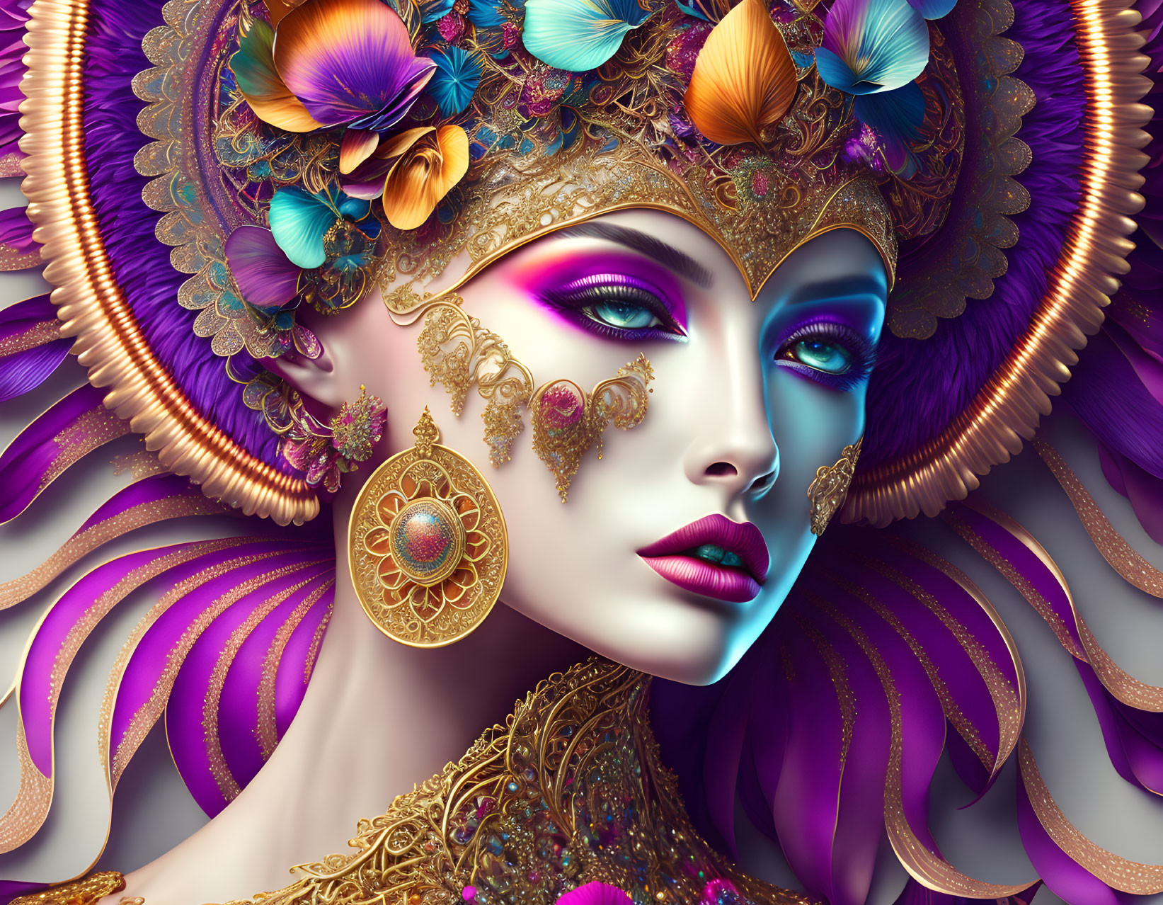 Colorful Female Portrait with Ornate Headdress & Gold Jewelry