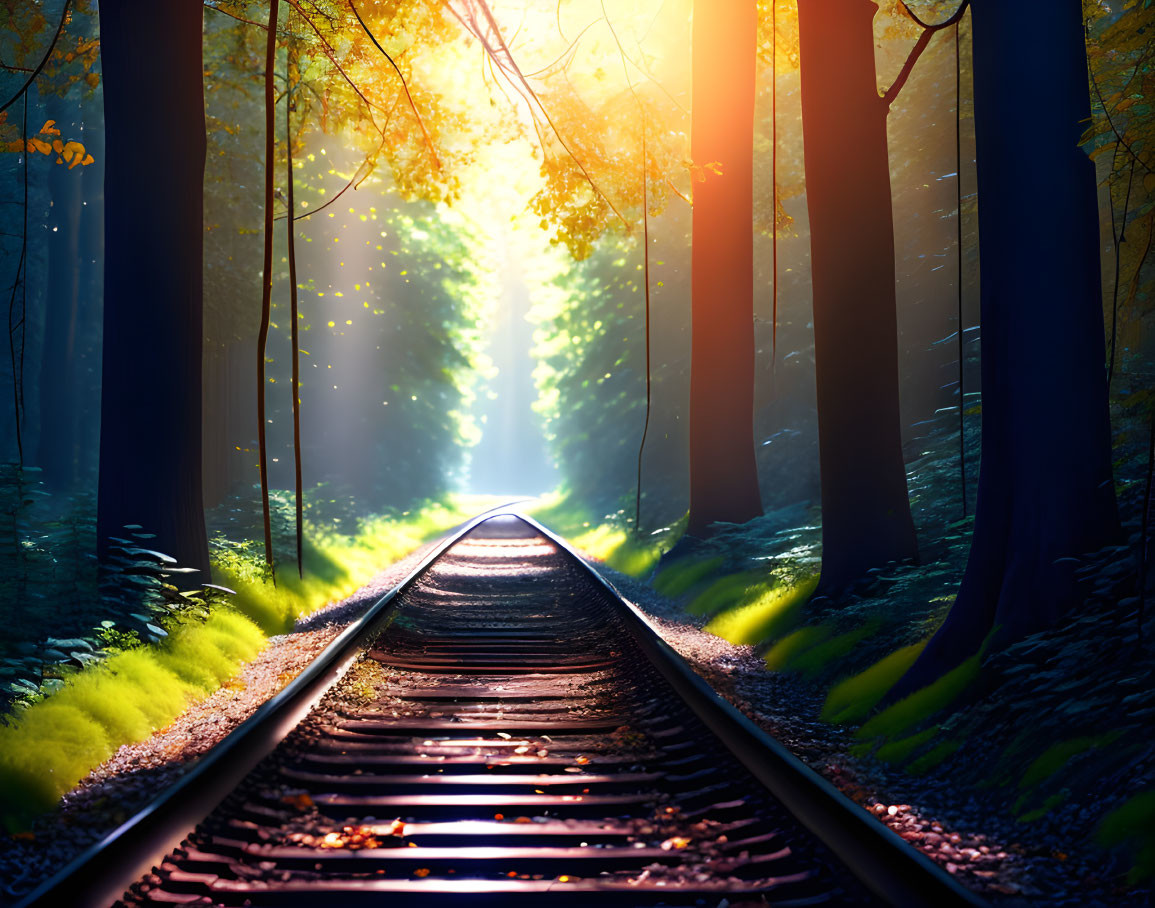 Sunlit forest with vibrant colors and railroad tracks