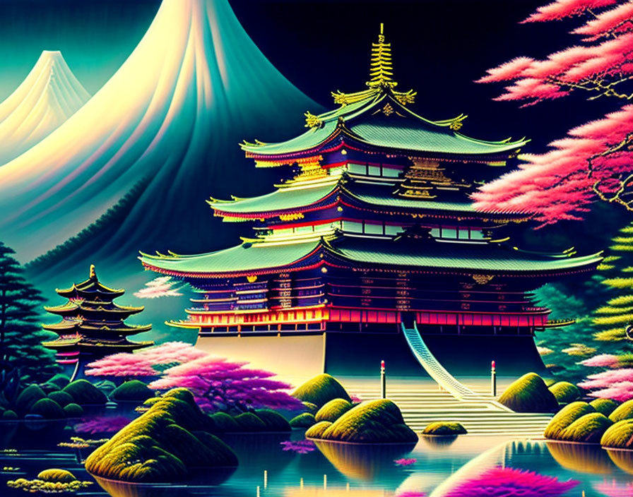 Colorful Asian Pagoda in Fantastical Landscape with Cherry Blossoms