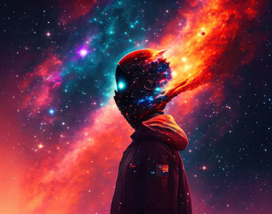 Space suit with reflective helmet displaying vivid cosmic scene.