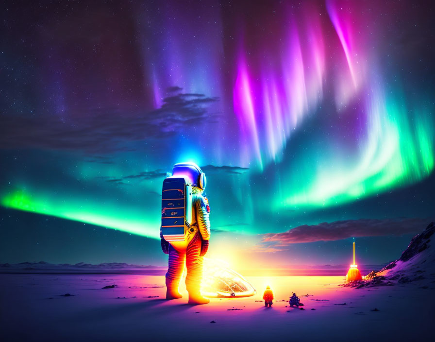 Person in spacesuit under colorful aurora in snowy landscape at night