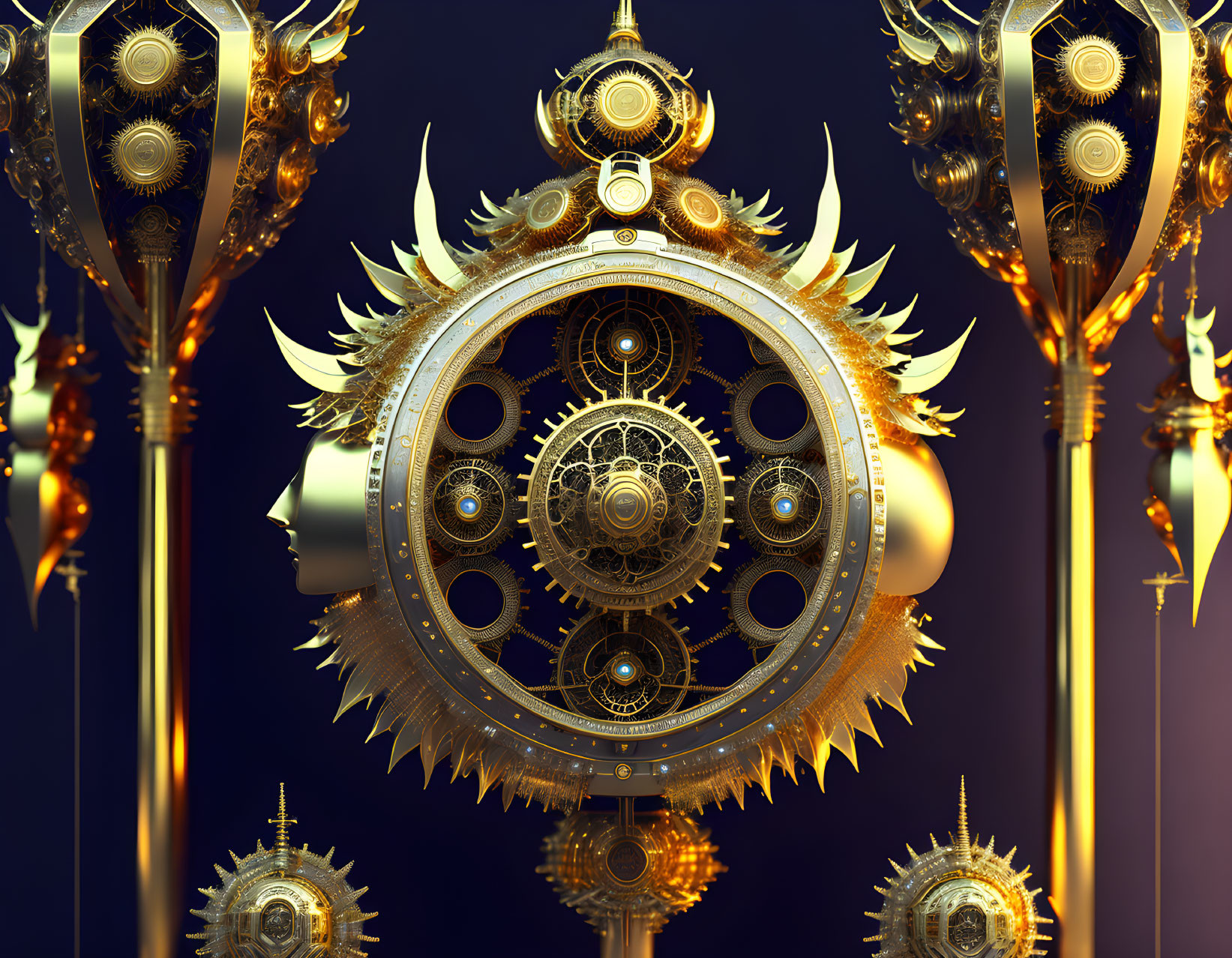 Golden mechanical device with sun motifs and intricate gears