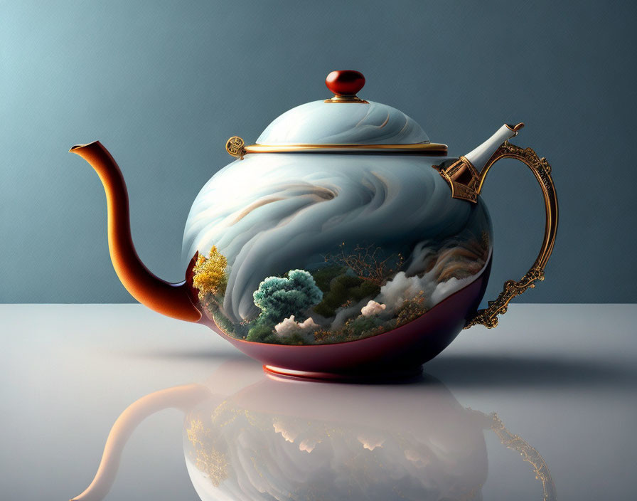 Ornate Teapot with Stormy Sea Design and Golden Accents