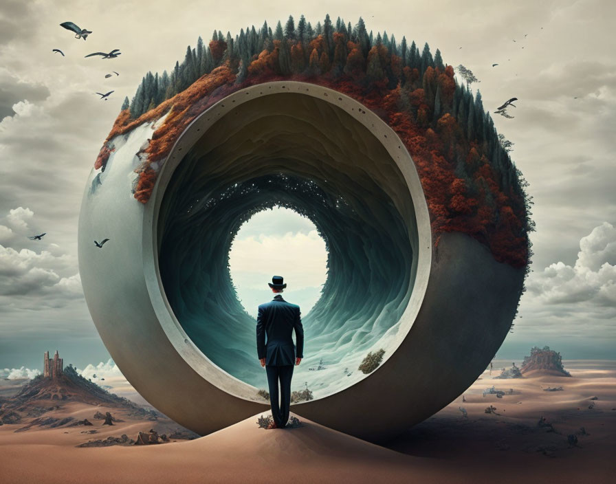 Man in suit in surreal circular landscape with upside-down forest, ocean, and desolate beach under cloudy