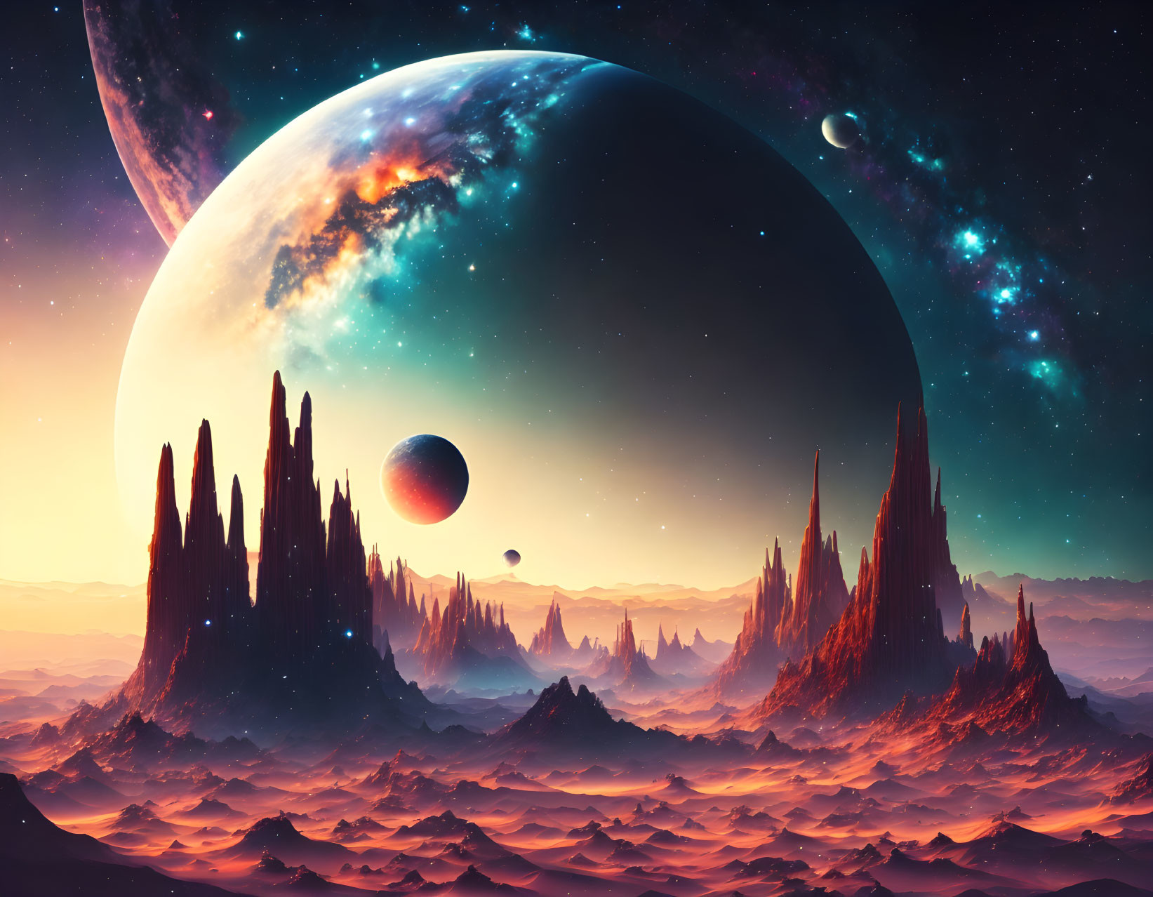 Majestic sci-fi landscape with towering rocks, desert, and celestial bodies.