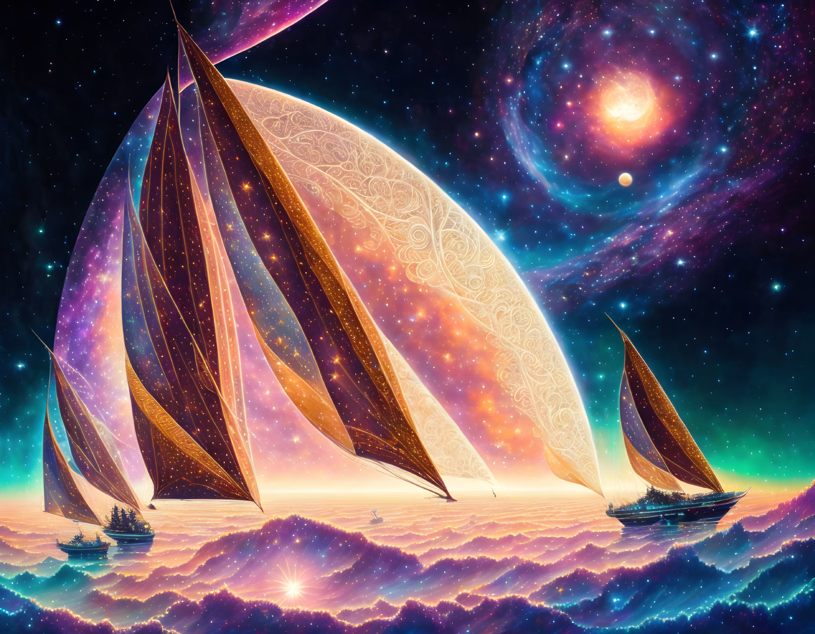 Ornate sailboats on cosmic ocean under starry sky