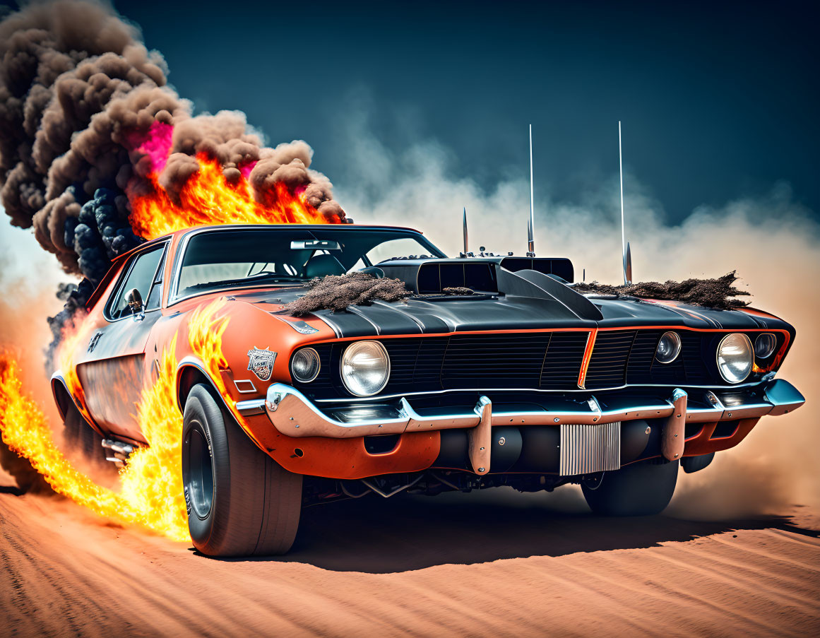 Vintage muscle car with racing stripes in desert, emitting flames and smoke.