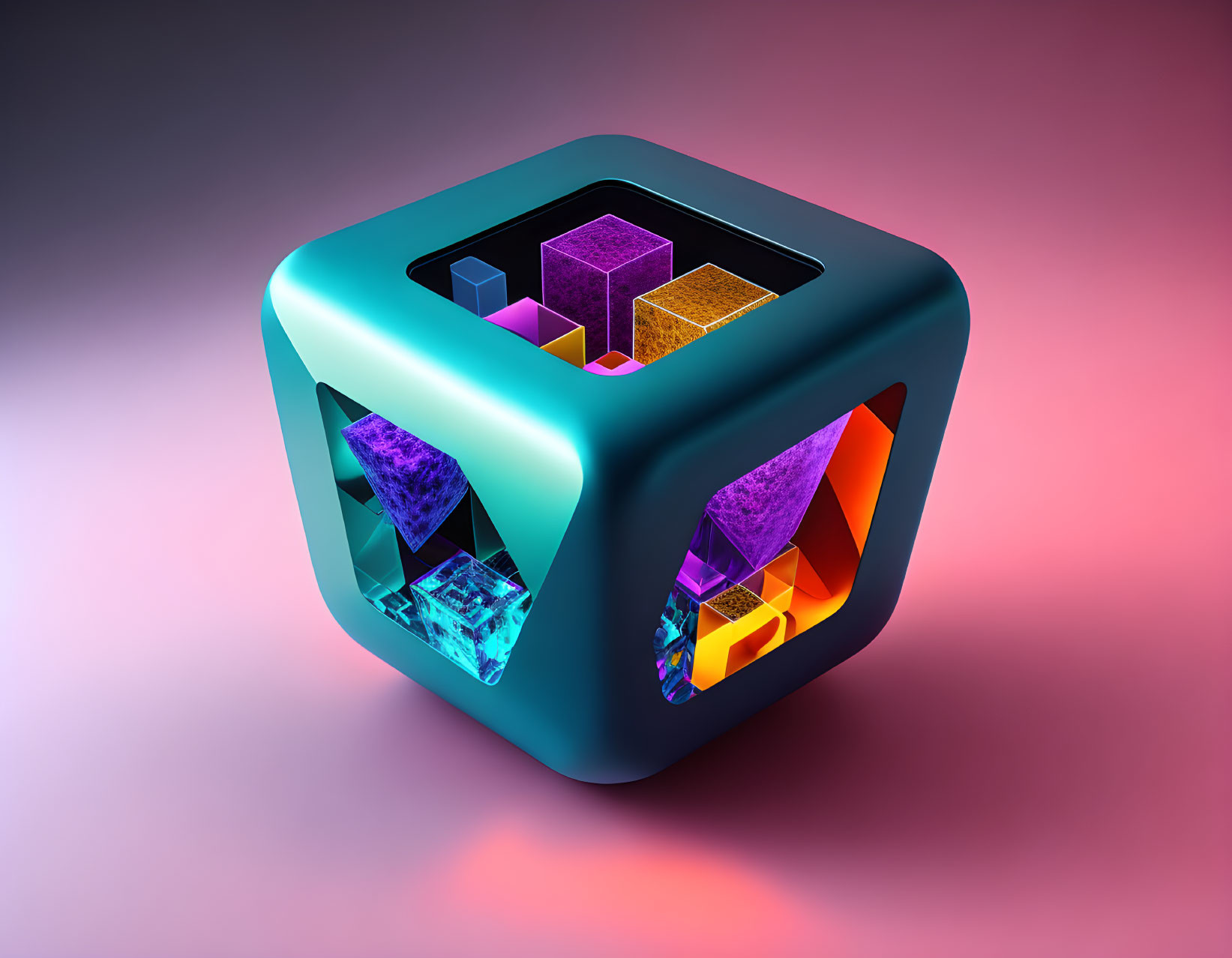 Reflective cube with intricate cutouts and glowing geometric shapes in neon-lit environment