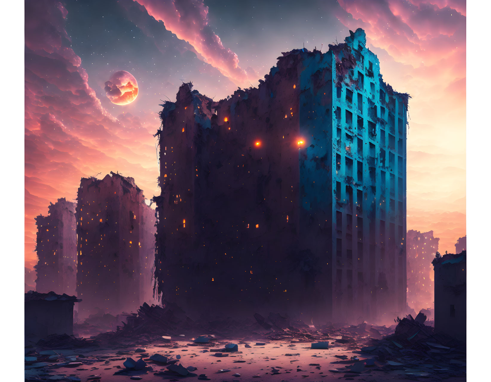 Dystopian scene: Decaying skyscraper, dramatic sky, large moon, ruined city remnants at