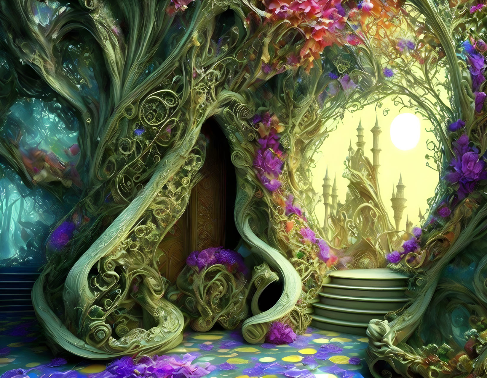 Vividly colored forest with tree-formed doorway to fantasy castle