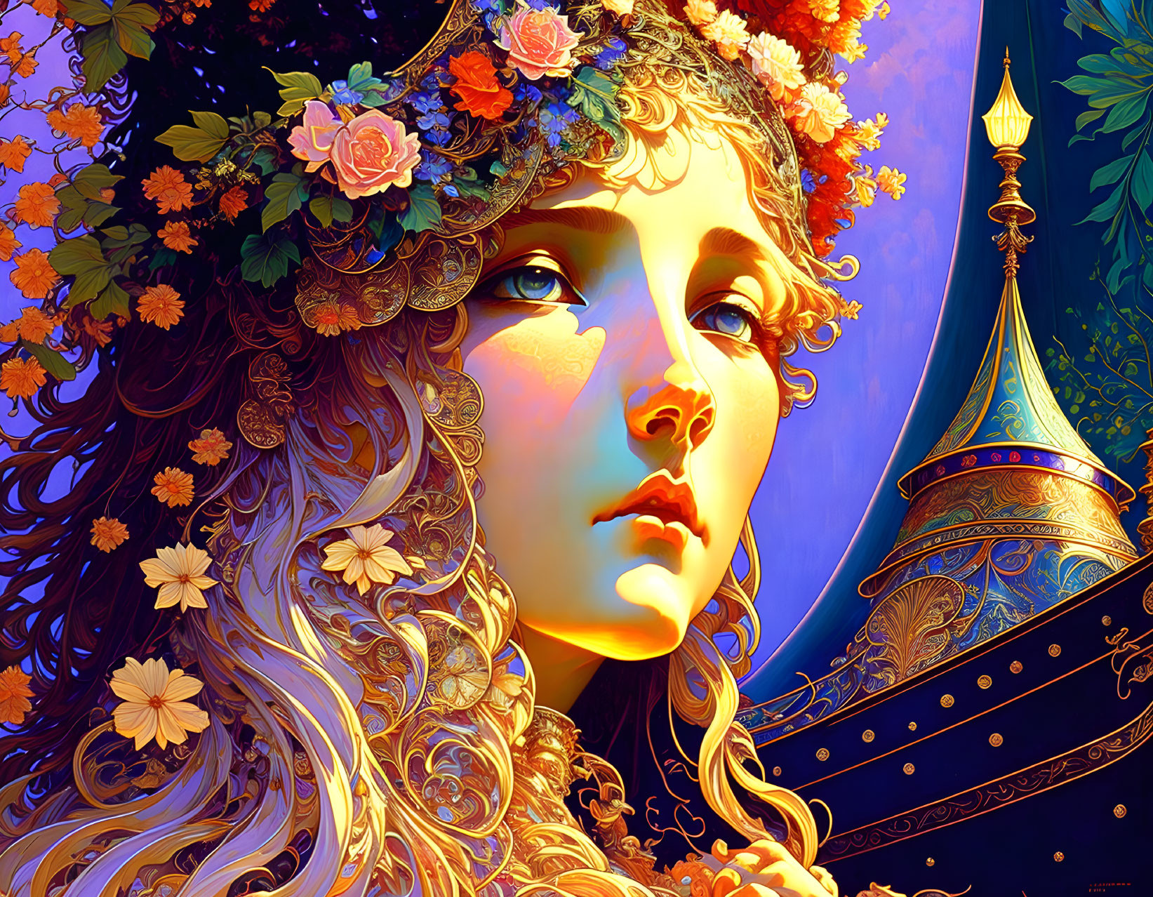 Colorful digital artwork: Woman with floral headdress, intricate curls, blue and gold attire on bold