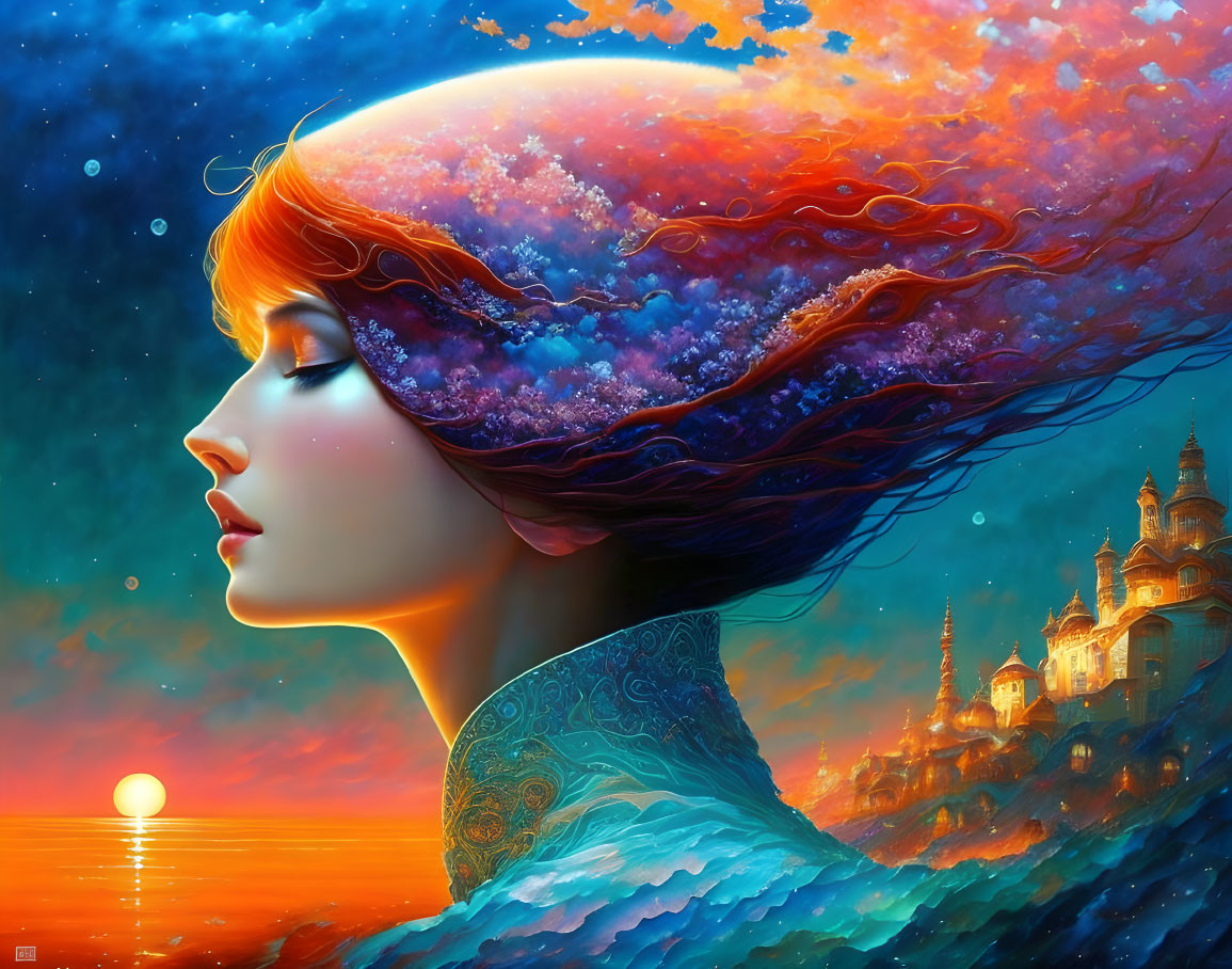 Profile of woman with vibrant flowing hair against cosmic sunset castle.