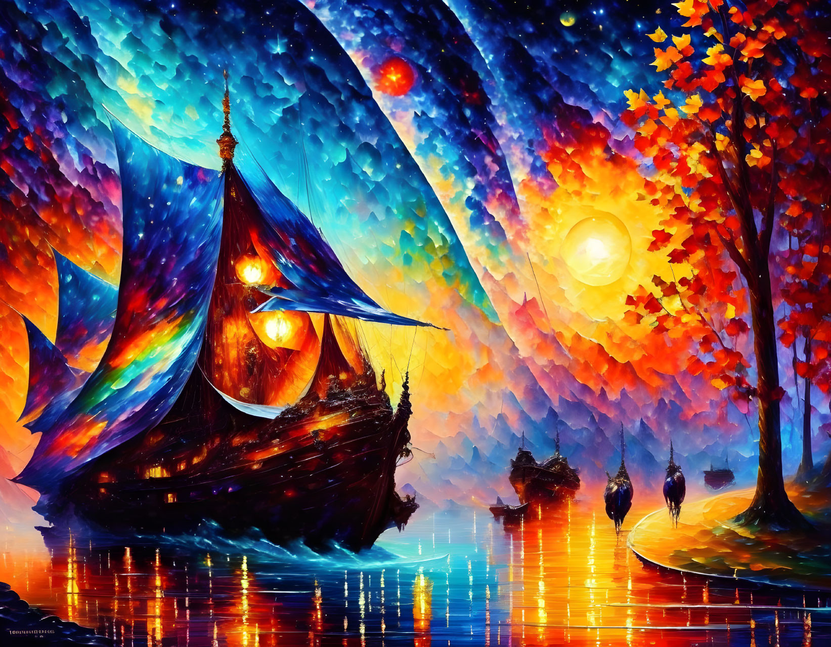 Fantasy artwork: Colorful sailboats on calm river under starry sky