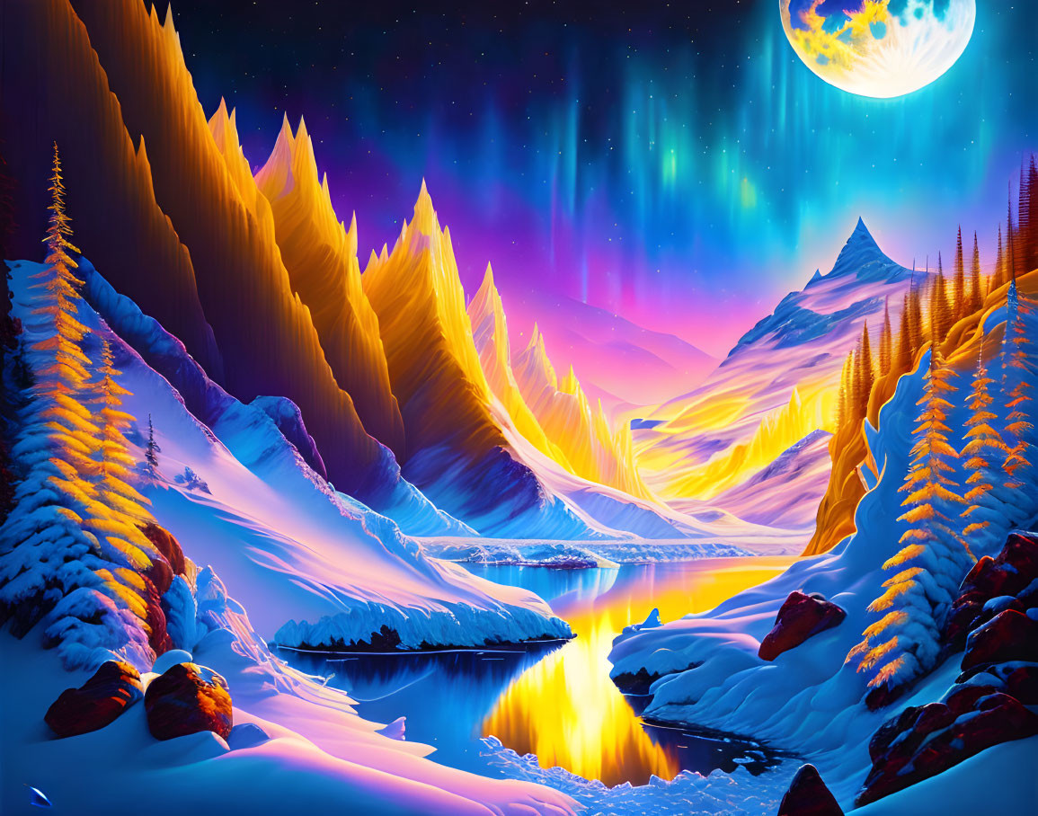 Digital artwork: Snowy mountain landscape with aurora, full moon