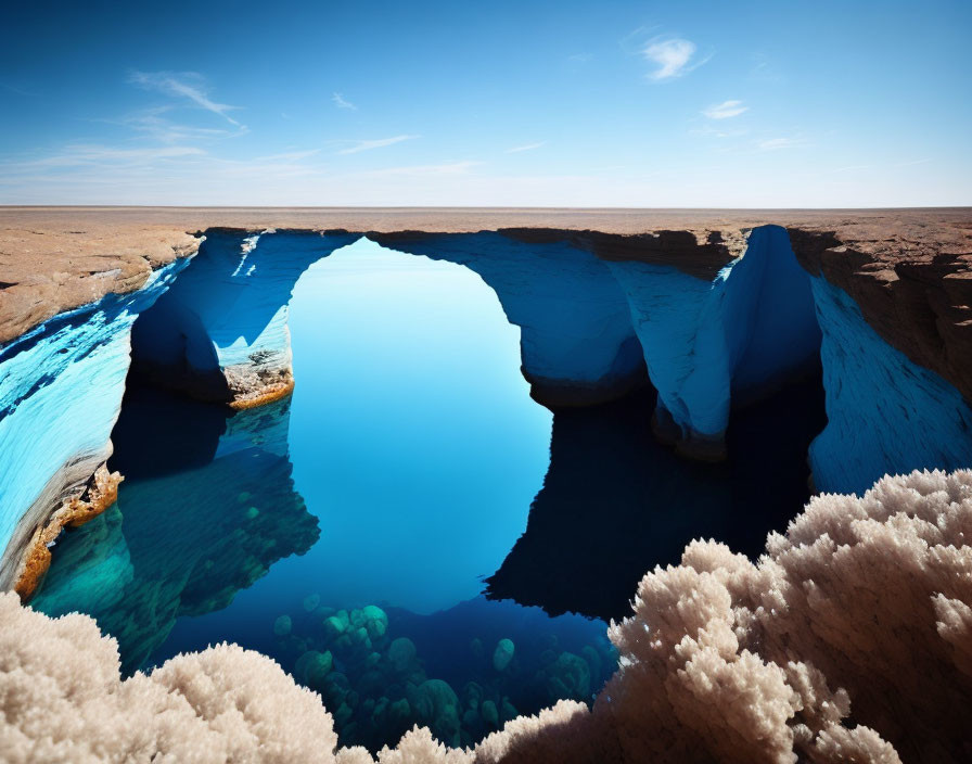 Vivid Blue Desert Oasis Surrounded by Arid Land and Coral-Like Structures