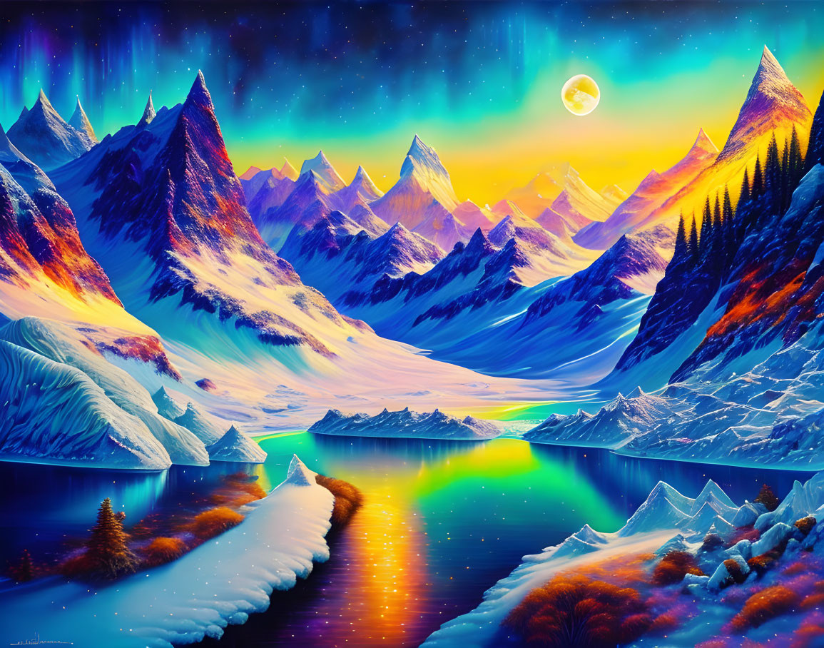 Surreal scenic landscape: Snowy mountains, starry sky, luminous moon, colorful lake