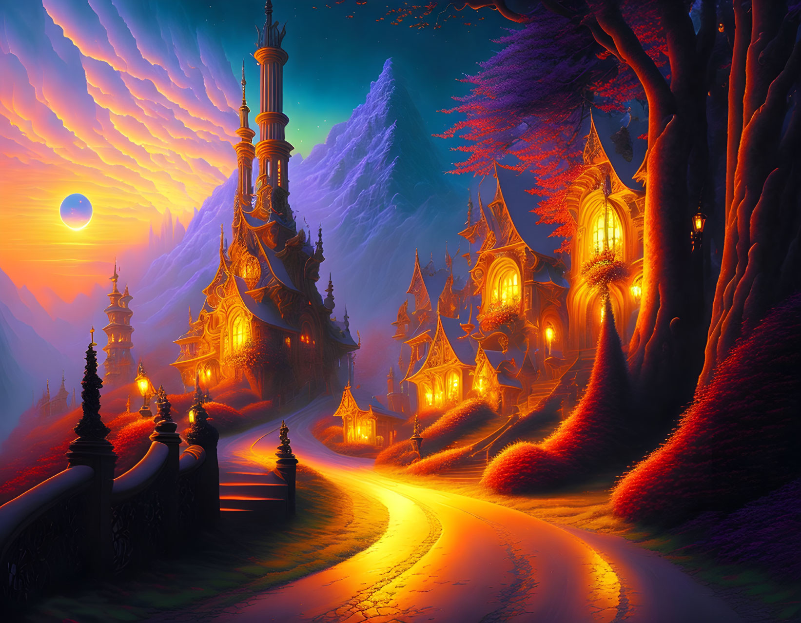 Fantasy landscape with glowing structures, purple foliage, mountains, and sunset sky