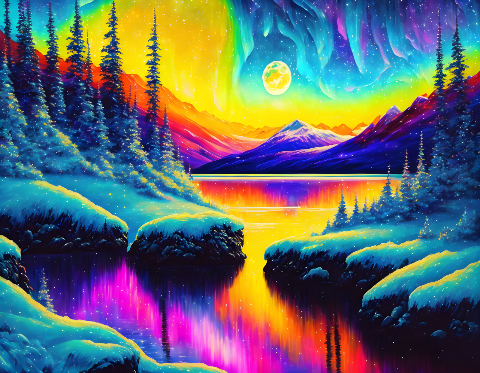 Colorful Sky, Aurora, Full Moon, River, Mountains: Vibrant Landscape