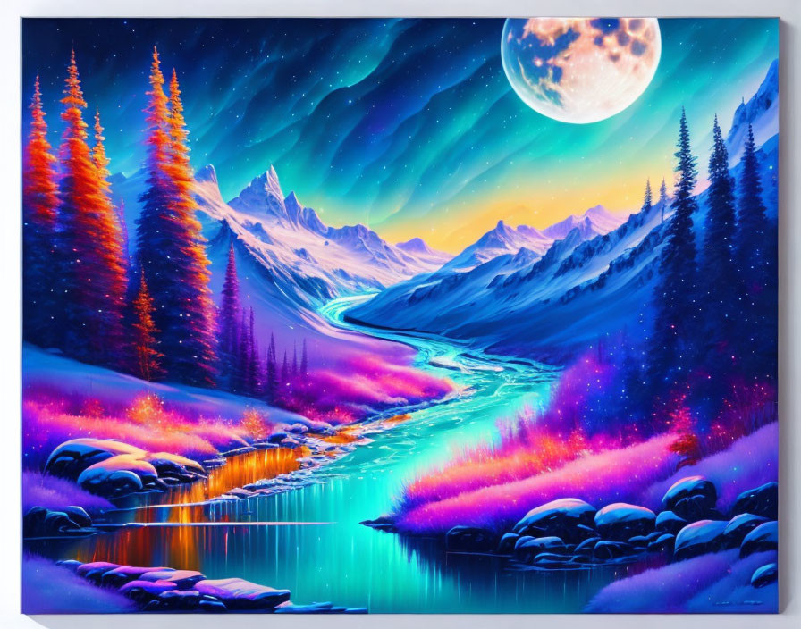 Mountainous Landscape Painting: Night Scene with River, Full Moon, Stars, and Aurora Lights